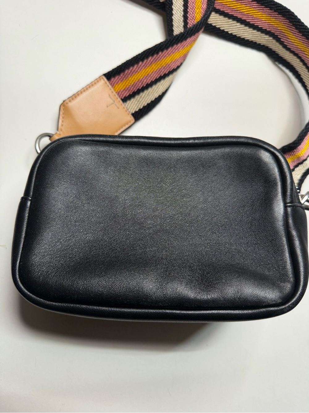 Tory Burch Black Quilted Logo Crossbody with Striped Webbing Strap - Picture 7 of 12